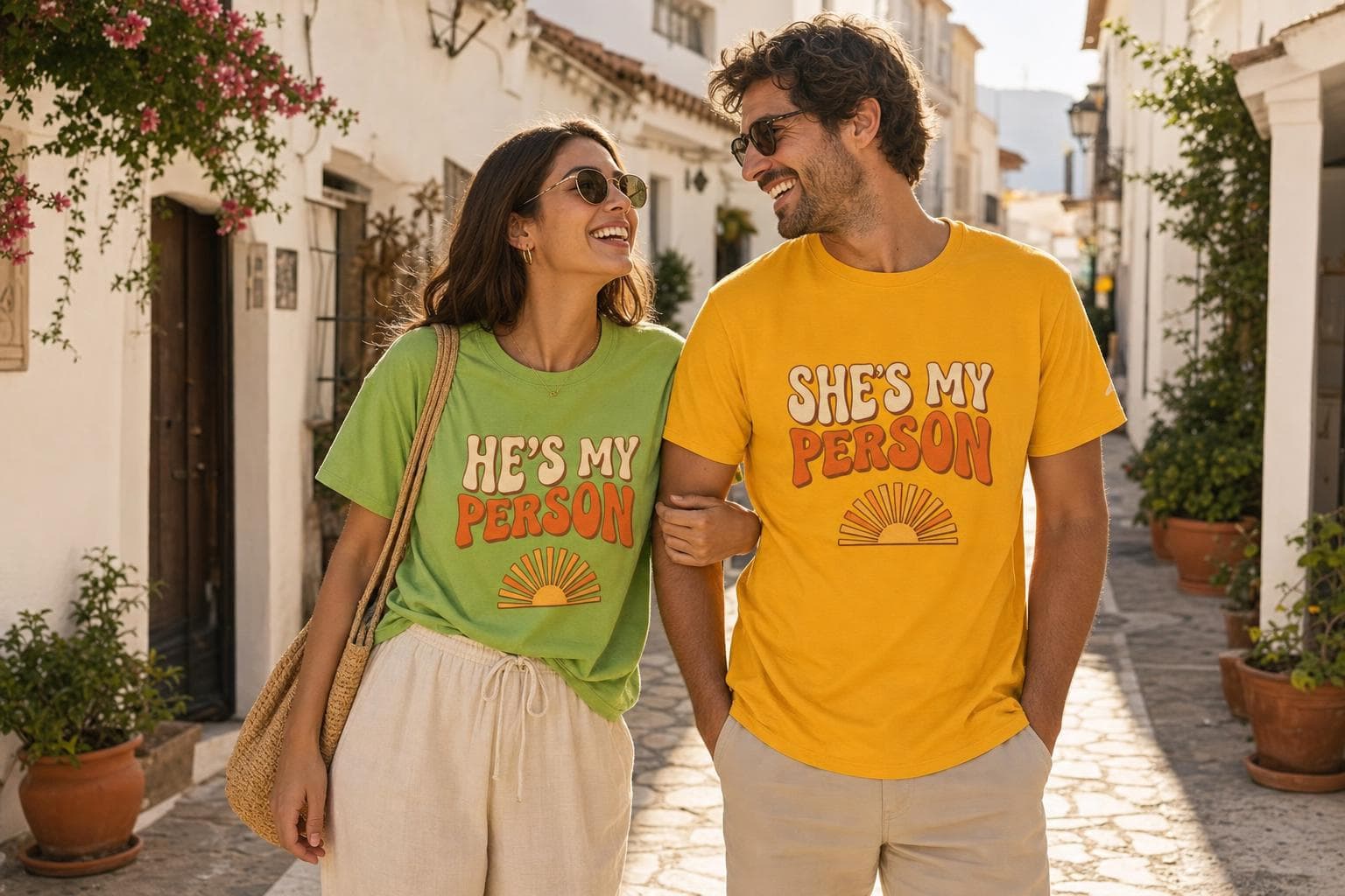 Pareja paseando con camisetas a conjunto de Mundo Pareja